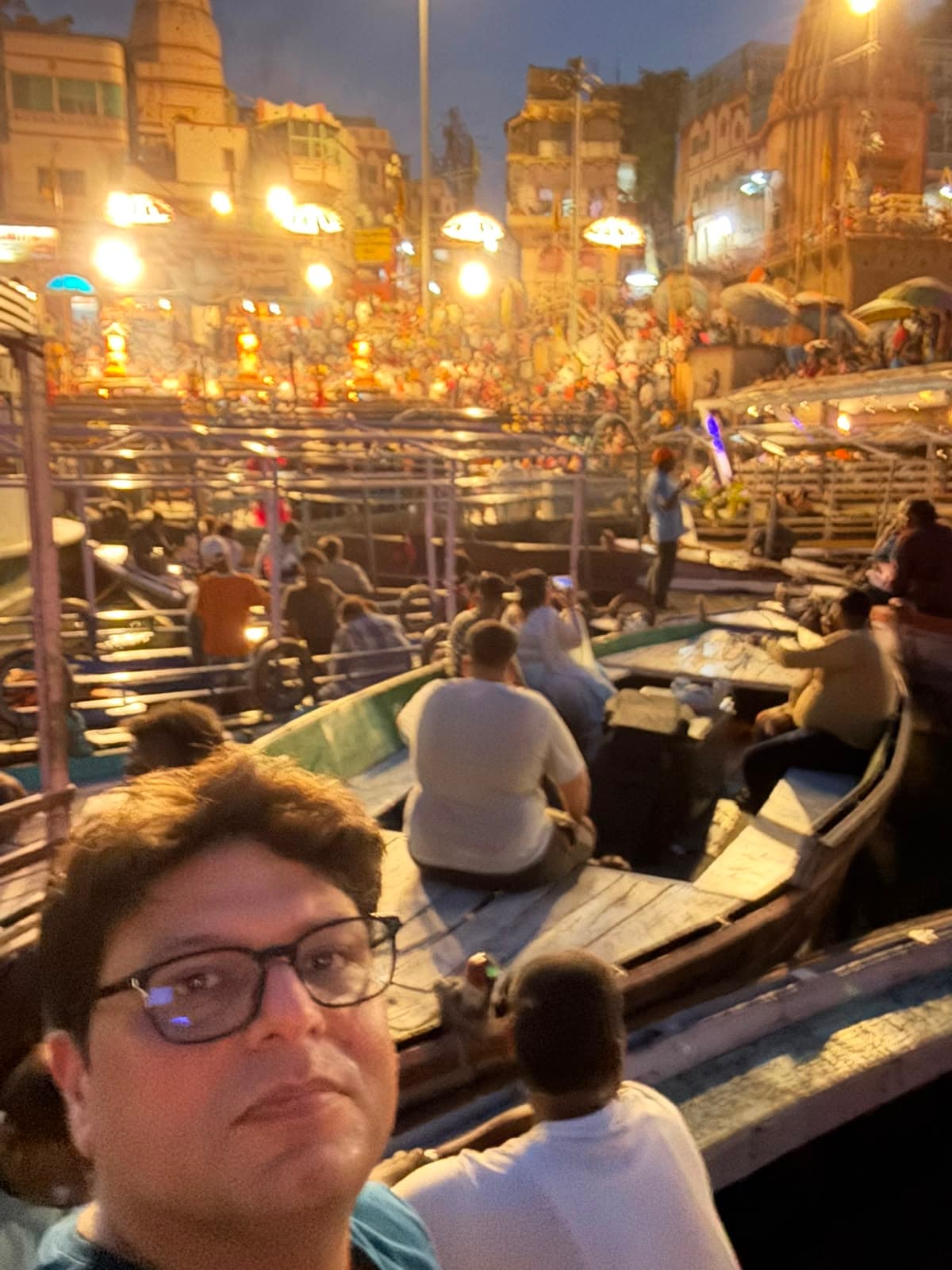 Gaurav Wadhwani viewing the Ganga Aarti from a boat in Varanasi