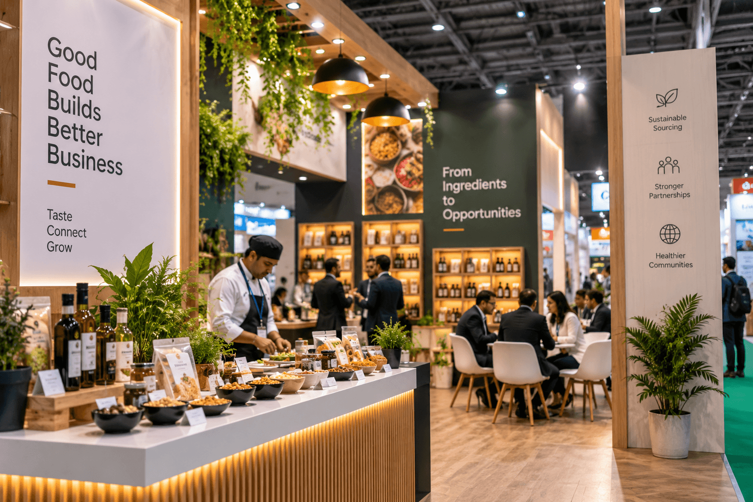F&B exhibition stall with product displays, a sampling counter and buyer meeting areas