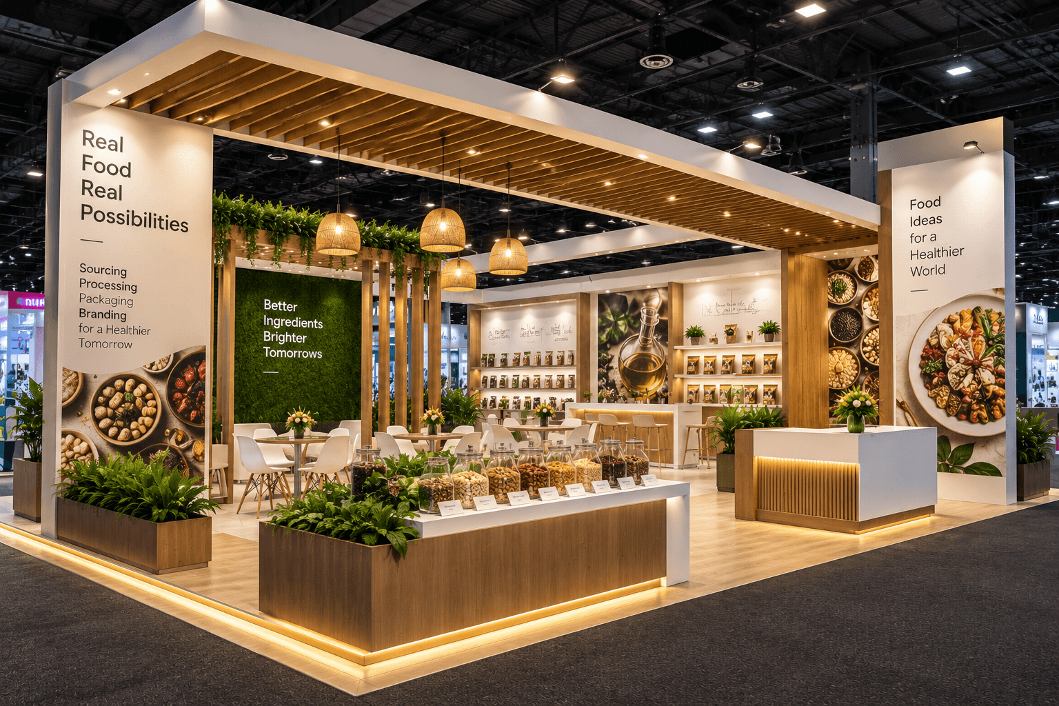F&B exhibition stall concept with product displays, meeting areas and illuminated counters