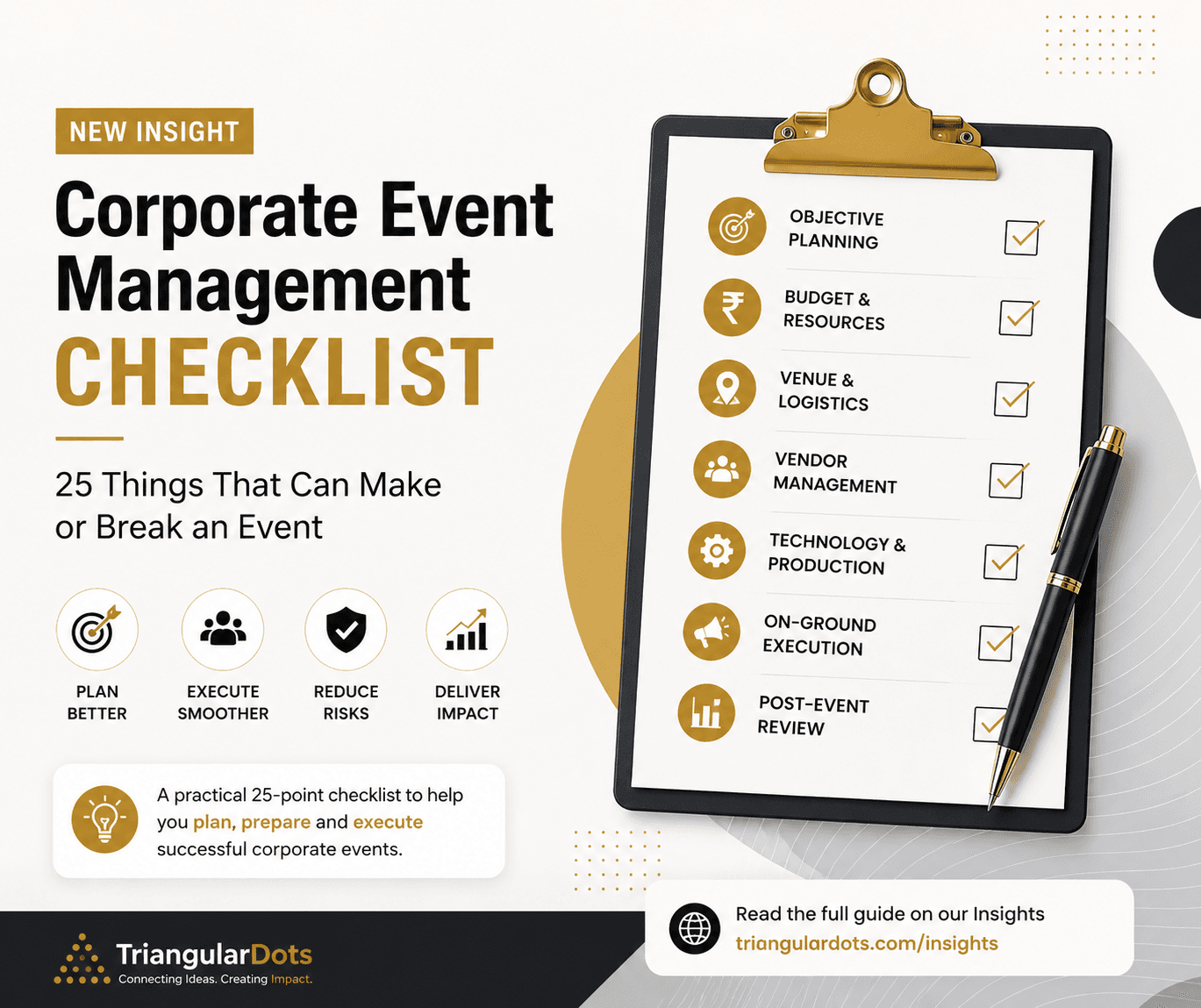 Corporate event management checklist visual for the Triangular Dots insights article