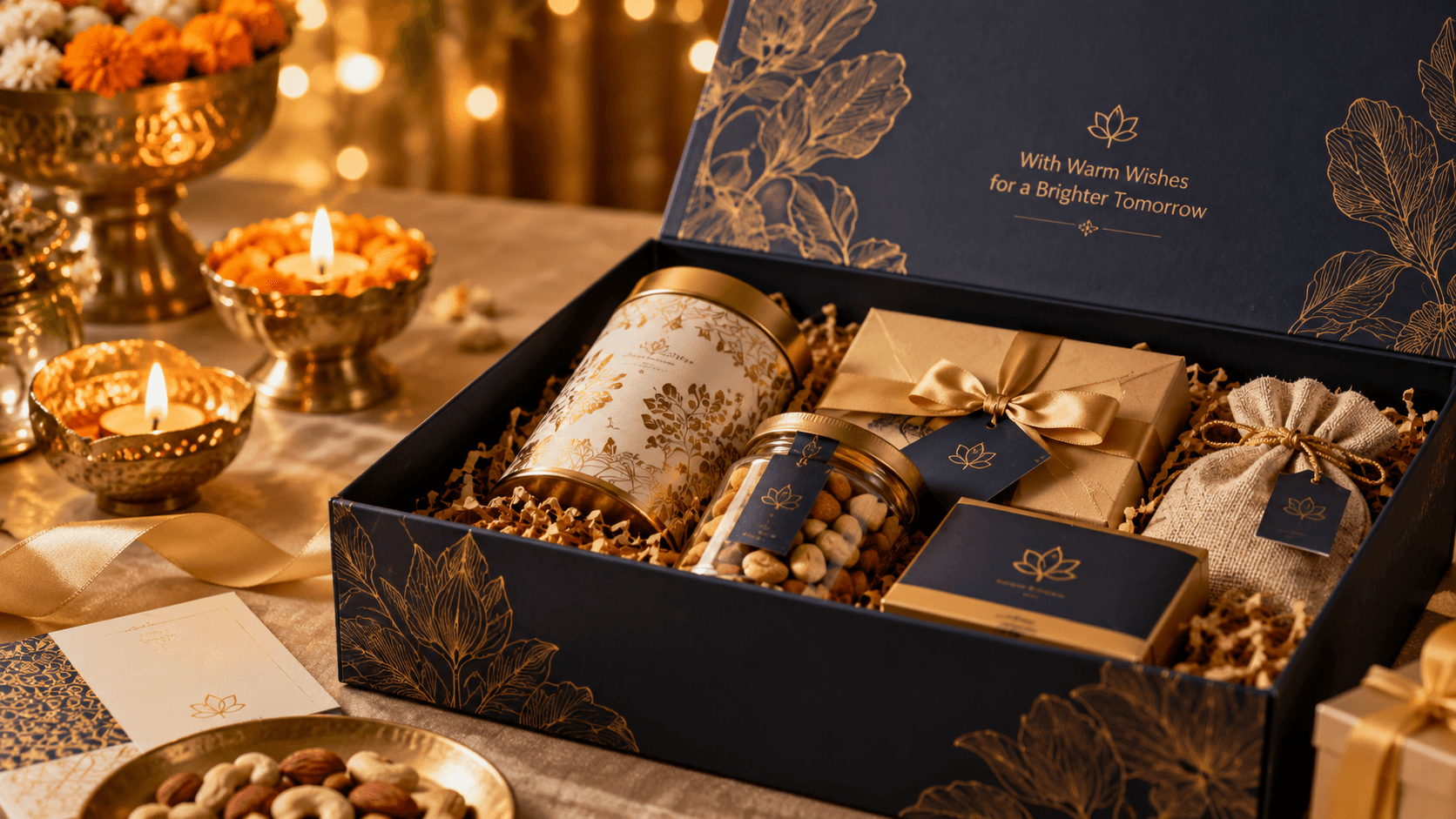 Diwali corporate gift box with festive packaging, wrapped gifts, a jar of nuts and decorative lamps