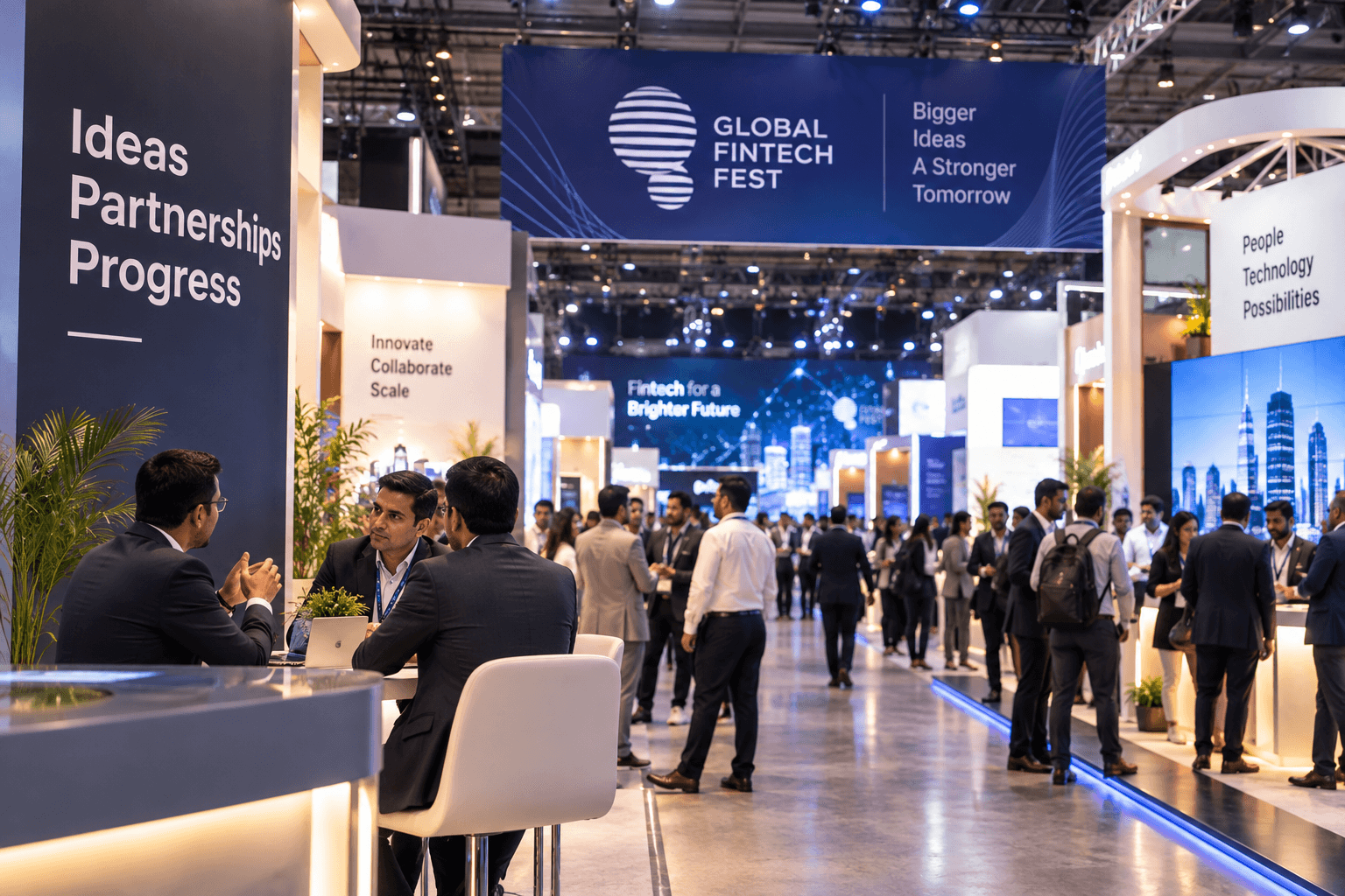 Busy fintech exhibition floor with visitors, business meetings and branded exhibition stalls