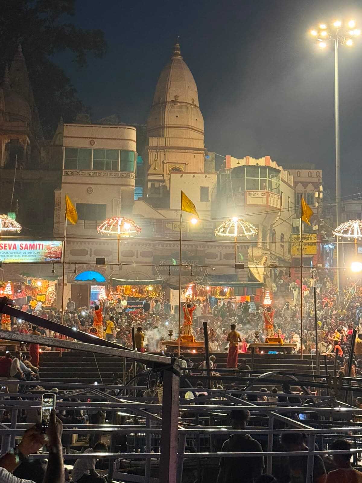 Ganga Aarti in Varanasi with crowds gathered along the ghats